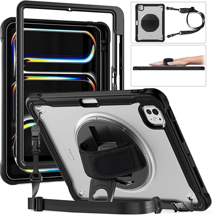 ZenRich Clear Case for iPad Pro 11-inch M5 2025 / M4 2024 LightBlue | Screen Protector Pencil Holder 360°Rotating Kickstand Carrying Strap Shockproof Protective Rugged