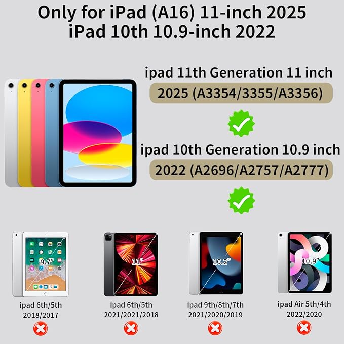 for iPad (A16) 11th/10th Generation Case 2025/2022 (11″/10.9″) Sturdy Heavy Duty Full-Body Shockproof Protective Case Rotating Stand Hand/Shoulder Strap (Black)