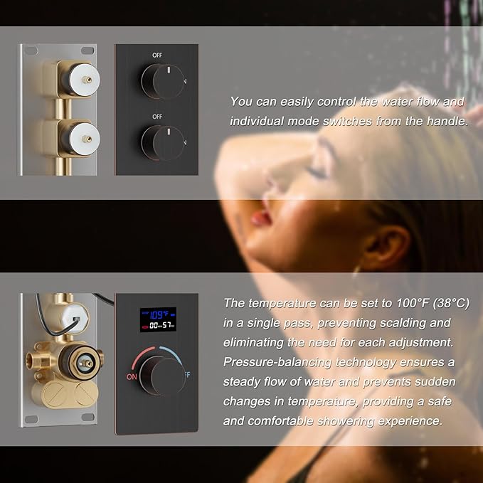 KATAIS Temperature Display Oil Rubbed Bronze Shower System, Push Button Shower Faucet with Handheld Spray, Ceiling Mount 12 Inch and 8 Inch Wall Mount Shower Head, 6 PCS Body Jet