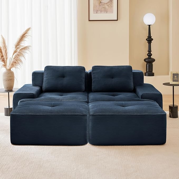 80" Modern Compressed Boneless Love Seat Couches with 2 Ottomans, 2 Seater Large Sectional Couches for Living Room, Blue Corduroy Cloud Modular Sectional Sofa, Memory Foam, Deep Loveseat, No Assembly
