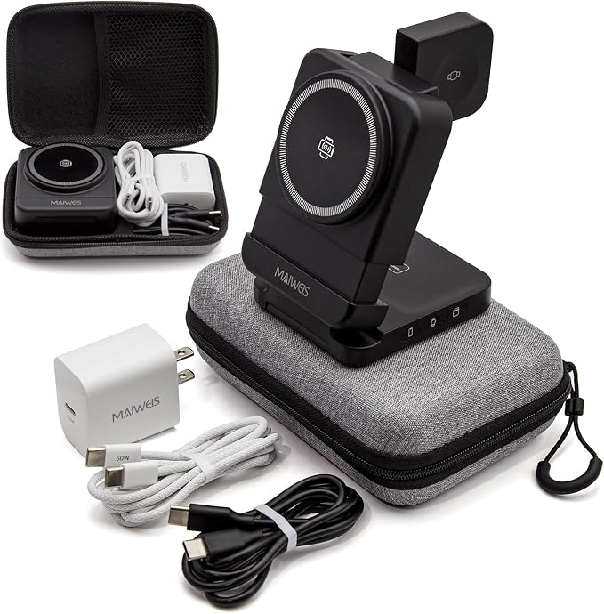 Foldable Wireless Charging Station Black with 30W Adapter | Portable Magnetic Travel Charging Stand for iPhone &amp Samsung Apple Watch &amp Galaxy Watch AirPods &amp Galaxy Buds