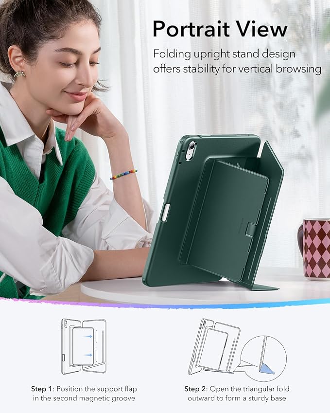 ESR for iPad A16 Case, iPad 11th/10th Generation Case (2025/2022), Vertical Stand Cover, Multi Stand Angles, Ultra-Stable Cover with Pencil Holder, Flip Series, Green
