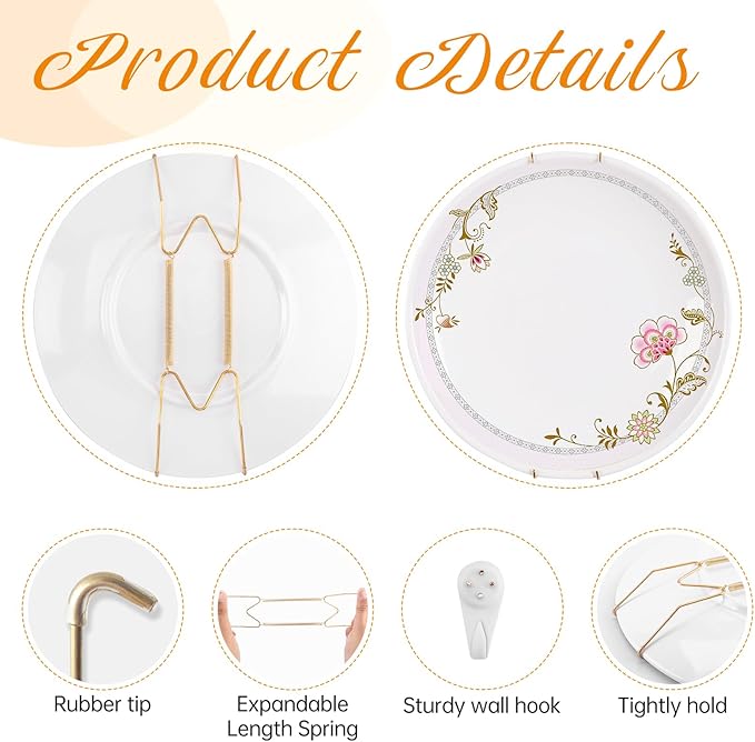 3 Pack Plate Hangers for The Wall, Suitable for 16-20 inch Art Plate, Stainless Steel Invisible Heavy Duty Wire Plate Holder with Wall Hooks, Plate Hangers for Displaying Plates, Platter, Dish, Gold