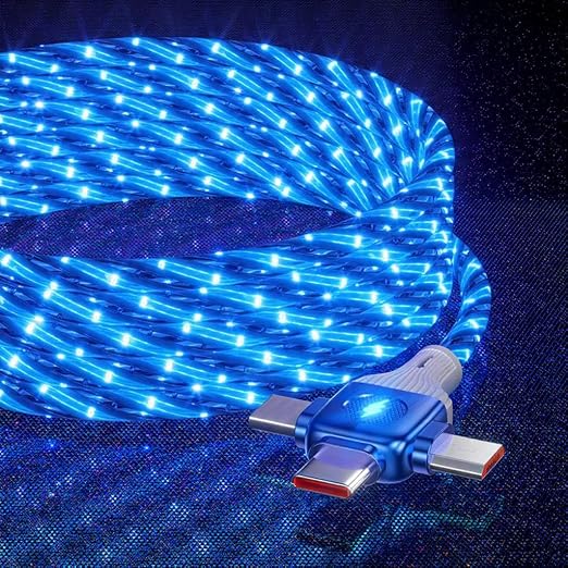 IHAO Multi Ports Light-Up USB Cable USBA to USBC/MicroUSB Cable Durable Fast Charging Cable with Visible Current Flow As Night Light Use-3in1 Blue