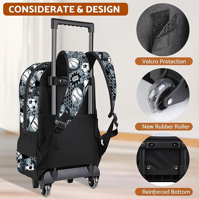 Boys Rolling Backpack for Kids - American Football Kids Rolling Backpack with Wheels for Elementary Middle School Students - Roller School Bookbag Aged 6-18, Wheeled Travel Bag Large Capacity