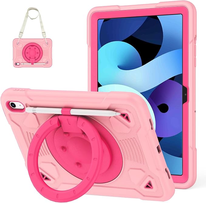 Case for iPad A16 11th / 10th Gen 10.9-Inch 360° Rotating Kickstand | Kids Shockproof Protective Cover with Handle Shoulder Strap &amp Pencil Holder Durable Silicone Case for Girls Black