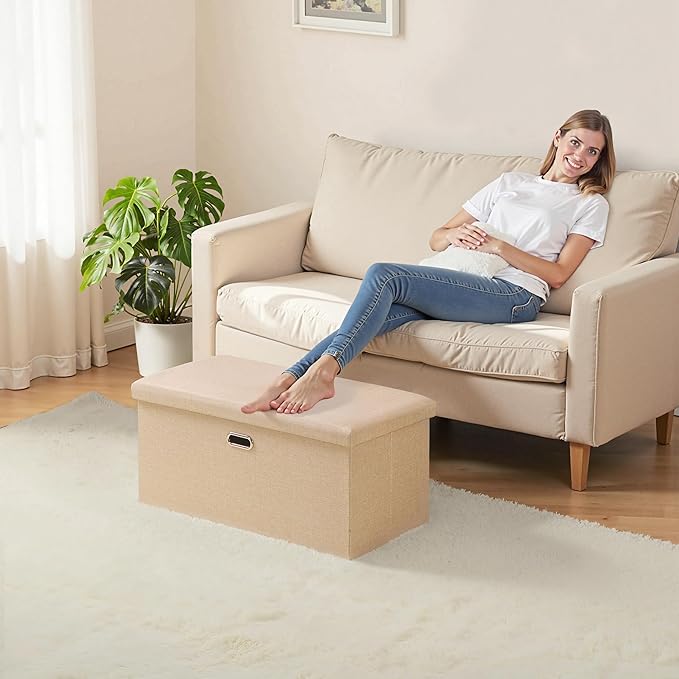 VECELO 30'' Folding Storage Ottoman Bench, End of Bed Linen Fabric Foot Rest Stool with Padded Seat, Large Footstools for Bedroom, Living Room, Load 500 lb, Khaki