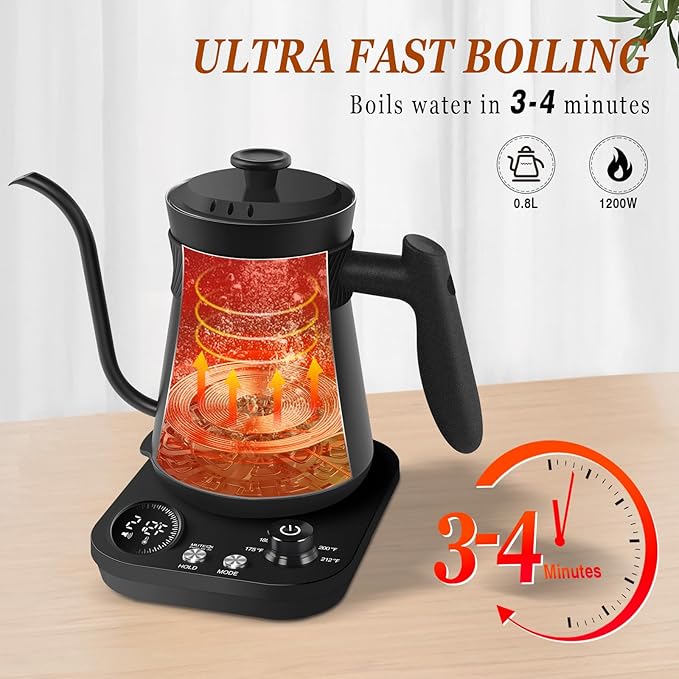 Secura Electric Gooseneck Kettle with 5 Temperature Control Presets, 100% Stainless Steel Inner Tea/Coffee Kettle with 1.5H Keep Warm, 1200 Watt Quick Heating for Coffee Tea Brewing, 0.8L, Matte Black
