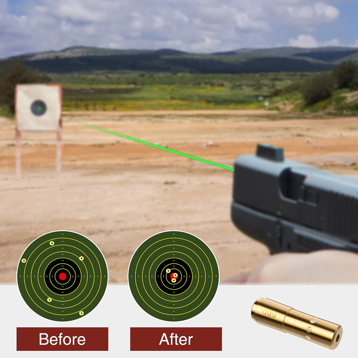 MidTen Green Laser Bore Sight 9mm Boresighter with 4 Sets of Batteries