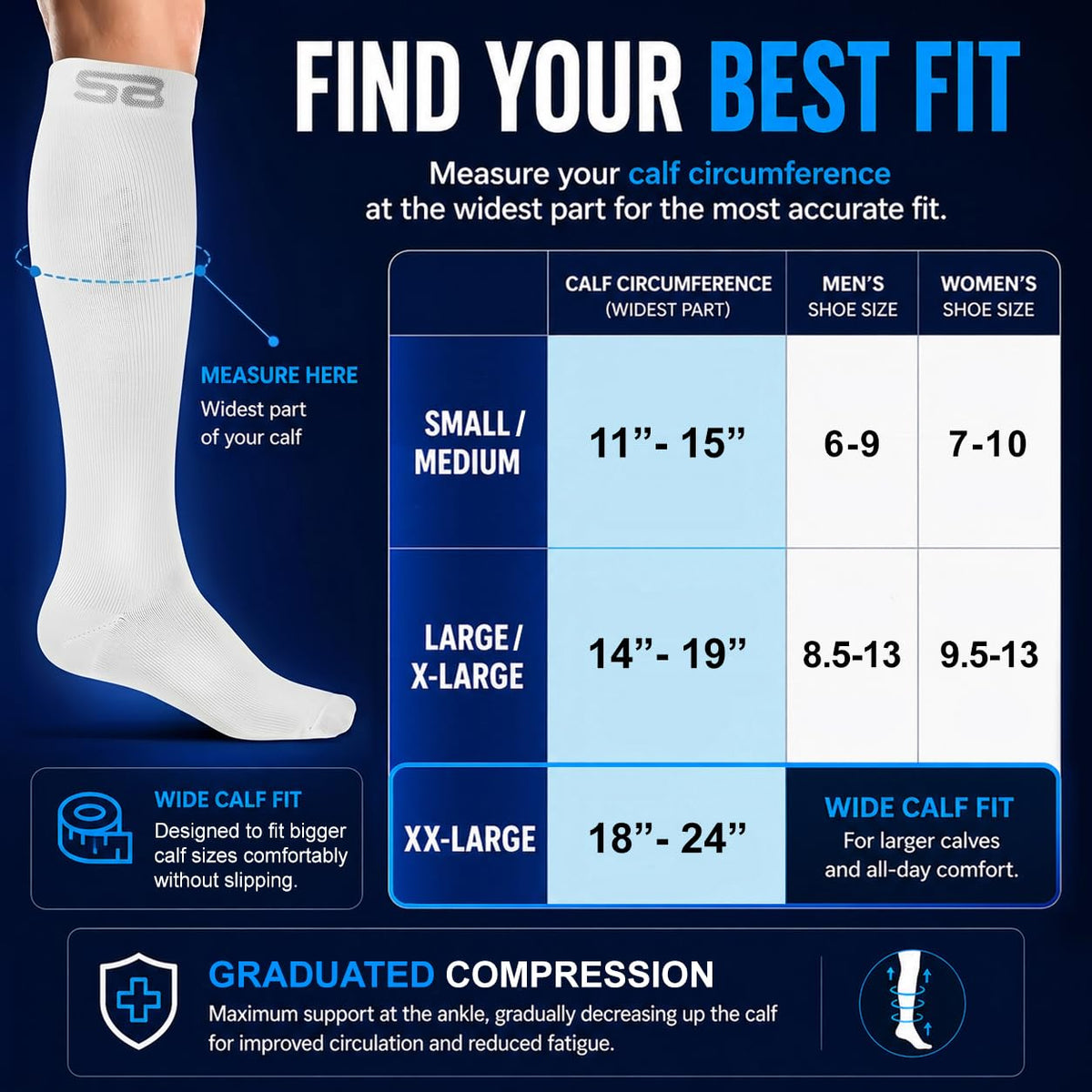SB SOX 3-Pair Compression Socks for Men & Women (15-20mmHg) – Best Compression Socks for Flying, Medical, Sports, Wide Calf Fit, Skiing, and Daily Wear (XXL, 04 – Solid White)