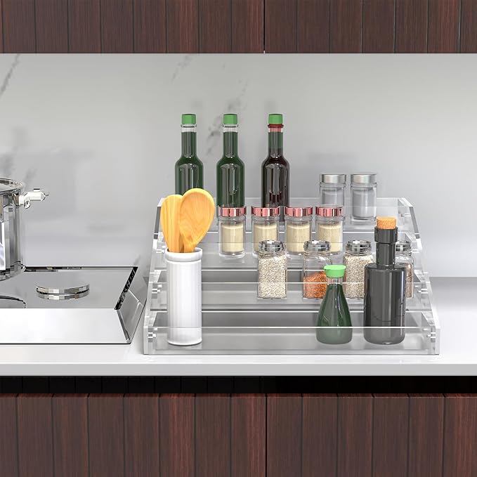 PMMASTO Widen Tiered Spice Rack, Seasoning Organizer, Clear Acrylic Vertical Shelves Can Organizer for Countertop, Cabinet, Pantry, Kitchen Organization and Storage - 4 Tier