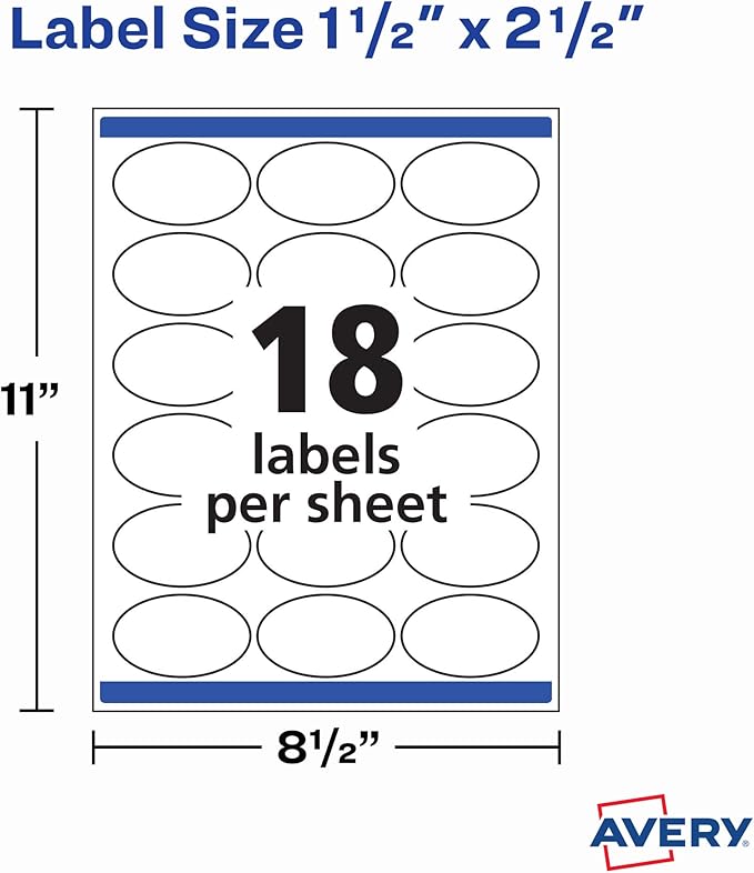 Avery Printable Blank Oval Labels, 1.5" x 2.5", Matte White, 450 Customizable Labels (22564)
