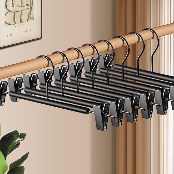 Wooden Pants Hangers with Clips 20 Pack Adjustable Wood Skirt Hangers for Women&Men Space Saving Closet Non Slip Clothes Hanger for Jeans,Trousers,Short,12Inch Black