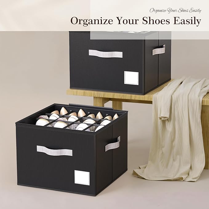 Criusia Shoe Organizer for Closet, Foldable Shoe Storage Organizer with Clear Cover and Sturdy Handles, Fit 12-16 Pairs, Closet Organizer for Shoes Sneakers Sandals Heels, 2 Pack, Black