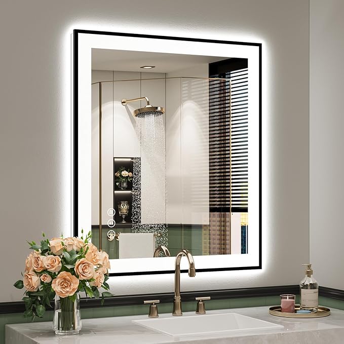 YEELAIT 28x32 Inch LED Bathroom Mirror with Lights (Front Lit and Backlit) Black Framed Lighted Vanity Mirror for Bathroom Wall Dimmable Anti-Fog Memory Tempered Glass Horizontal/Vertical