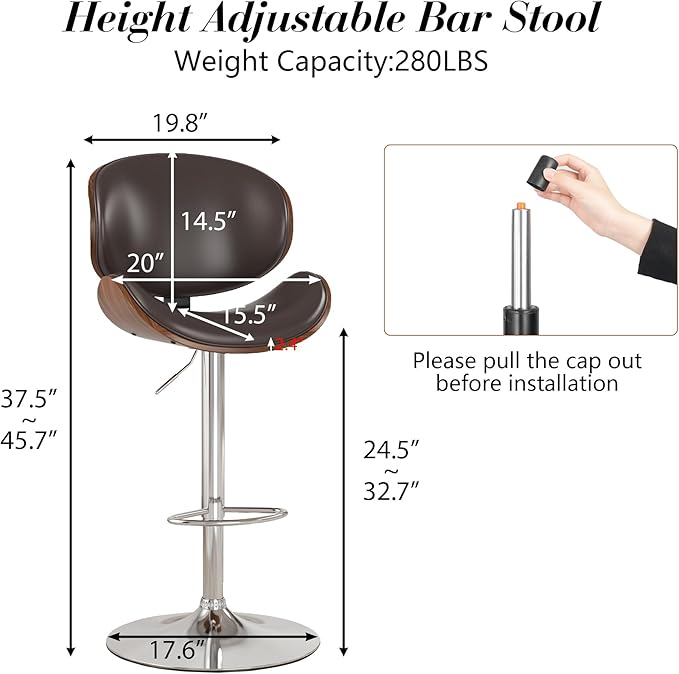 KCC Bar Stools, Swivel Adjustable Height Barstools, PU Leather Upholstered Bar Chairs with Footrest, Bentwood Bar Stool for Kitchen, Bar, Dining Room(Brown PU)