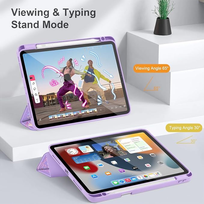 May Chen Case for iPad 12.9 Inch (6th/5th/4th/3rd Generation 2022/2021/2020/2018) Pencel Holder + Trifold Support Auto Sleep/Wake Transparent Shockproof Back Cover Blue Bows