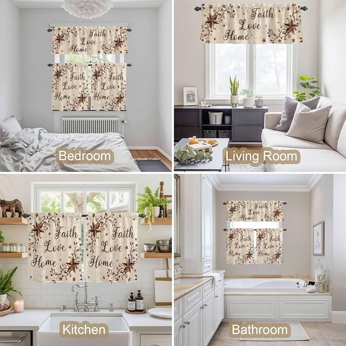 Kitchen Curtains Tiers and Valance Set of 3, Retro Country Stars Rustic