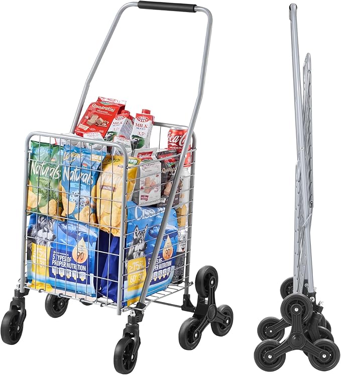 VEVOR Grocery Shopping Cart, 45L Stair Climbing Shopping Cart with 360° Rolling Swivel Wheels, Stair Climber Utility Cart with Tri-Wheels, Foldable Collapsible & Lightweight for Laundry Travel, Silver