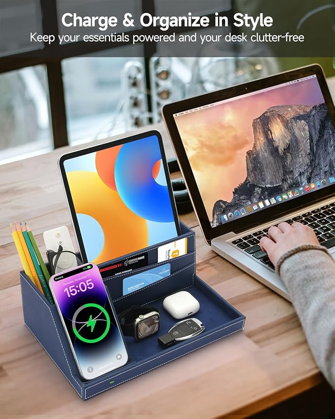 Fast Wireless Charging Station with Desk Organizer for iPhone 17/16/15/15 Pro/14/14 Pro Max/14 Pro/14 Plus/13/13 Pro Max/13 Pro/and iPhone 12/11 Series Nightstand Desktop Organizer for Home Office