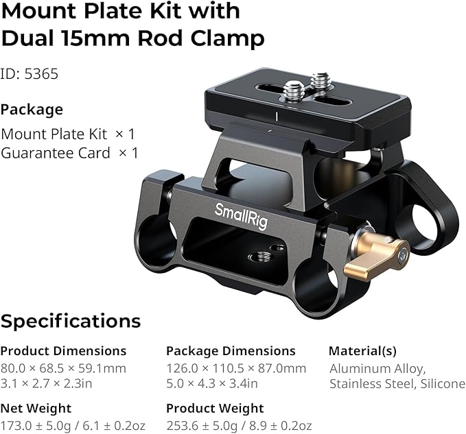 SMALLRIG Universal Mount Plate Kit with Dual 15mm Rod Clamp for Cameras, Built-in Quick-Release Plate for Arca-Swiss, with 1/4"-20 and 3/8"-16 Threaded Holes - 5365