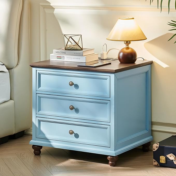 Farmhouse Furniture Sets, 24" Wide Farmhouse Nightstand Set of 2, 37" Tall Rustic Chests of Drawers w/ 4 Solid Wood Feet for Bedroom, LightBlue