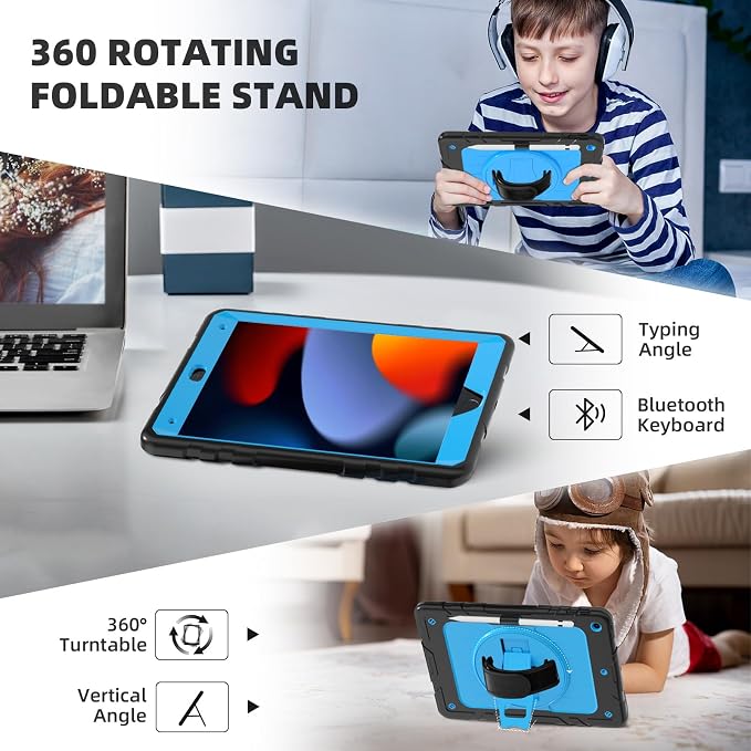 Case for iPad 9th/8th/7th Generation-Built-in Screen Protectorwith Pencil Holder&amp360°Rotating Hand StrapShoulder StrapCase for iPad 10.2 inch 2021-2019(Black)