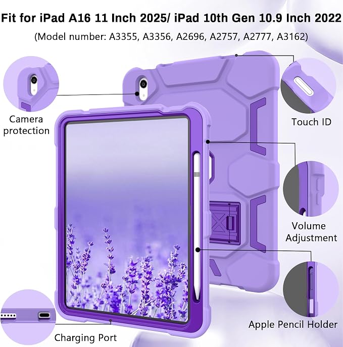 Case for iPad 11 11th Gen (A16) 2025 &amp 10th Gen 2022 10.9 Purple+Green | Kickstand | With Pencil Holder | Drop-Proof Silicone+Hard Shell | Raised Edge Protects Screen&ampCamera | Heavy Duty Pr