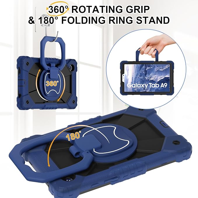 for Samsung Galaxy Tab A9/A11 8.7-Inch 2023/2025 Case.【NO A9+ Plus】 360 Rotating Stand Shoulder Strap Heavy Duty Shockproof Protective Silicone Case (Black)