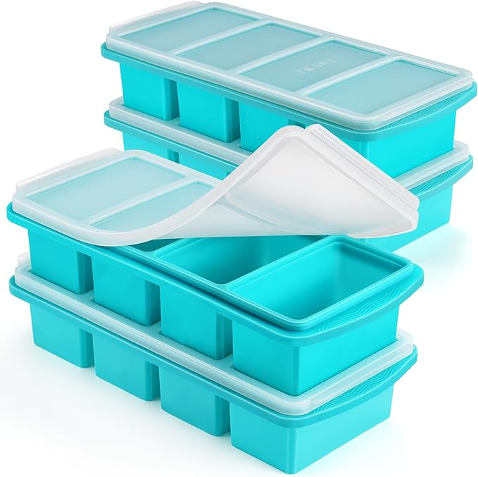 Silicone Freezer Tray with Lid - 1 Cup Silicone Food Freezers Tray - Large Ice Cube Freezer Molds - Soup, Sauce, leftovers, Homemade Meal Prep Freezing Kitchen Storage Containers - Aqua - 4-Pack