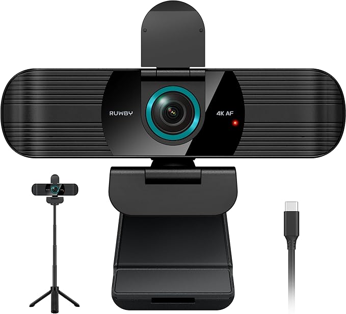 RUWBY UHD 4K Webcam with Built-in Dual Mics, Wide-Angle Lens, Privacy Cover, Tripod Stand, Autofocus PC Camera, Plug and Play for Desktop Computer or Laptop