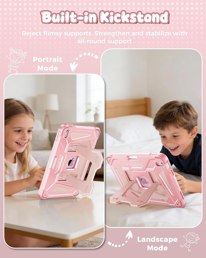 INFILAND Kids Case for iPad A16 11th Generation 11 Inch (2025) iPad 10th Generation 10.9 Inch (2022) Heavy Duty Rugged Shockproof Protective Cover with Dual-Support Folding Kickstand (Black)