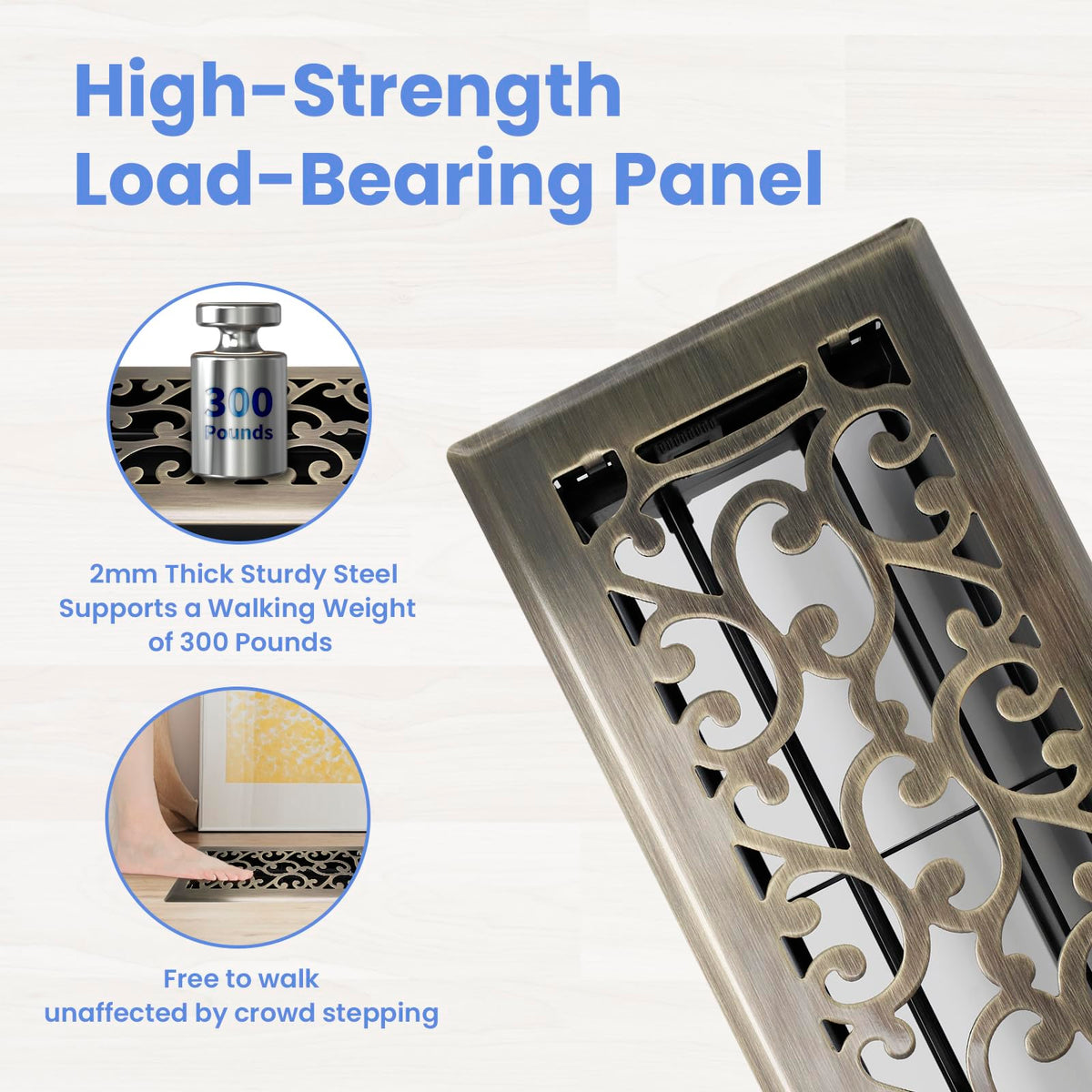 Howeall 4x10 Inches Heavy Duty Walkable Floor Register - Easy Adjust Air Supply Lever Decorative Floor Vent Covers - Savannah Design Vent Covers for Home - Antique Brass