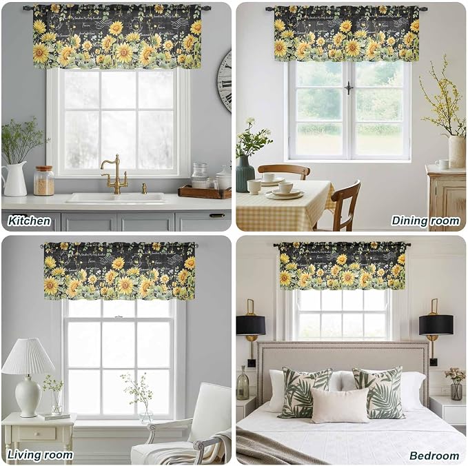 Summer Floral Sheer Valance Curtains, Watercolor Sunflower Eucalyptus Leaves