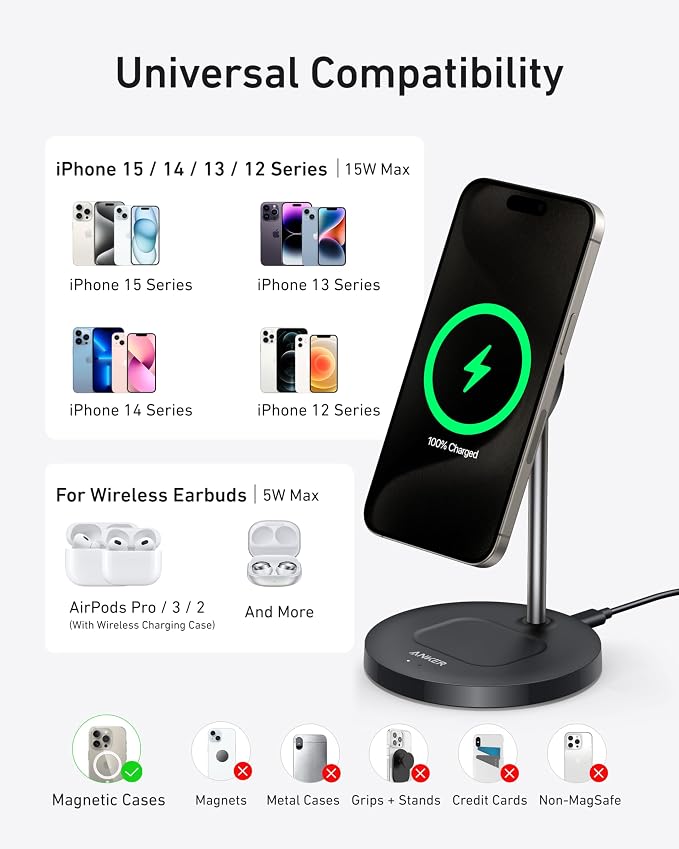 Anker MagGo 2-in-1 MagSafe Compatible Qi2 15W Wireless Charging Stand | Qi2 Certified Fast Charging Wireless Charger for iPhone 17 AirPods Pro and More (Black 40W Adapter Included)
