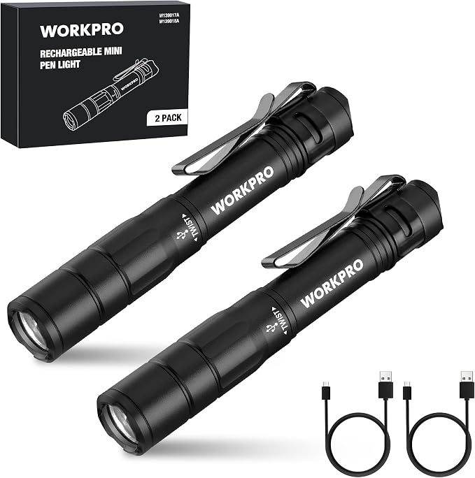 WORKPRO Rechargeable Pen Light 2 Pack Ultra-Compact EDC Flashlight Black | Mini Flashlight Pocket Flashlight with Clip Memory Function and 2 x USB C Cable Included