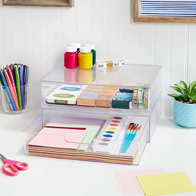 STORi STAX Plastic Stackable Organizer Drawers (Set of 2) Clear | 12.5" Wide | Set Includes Two Open Drawer | Organize Office Desk Accessories & Sort Paper | Made in USA