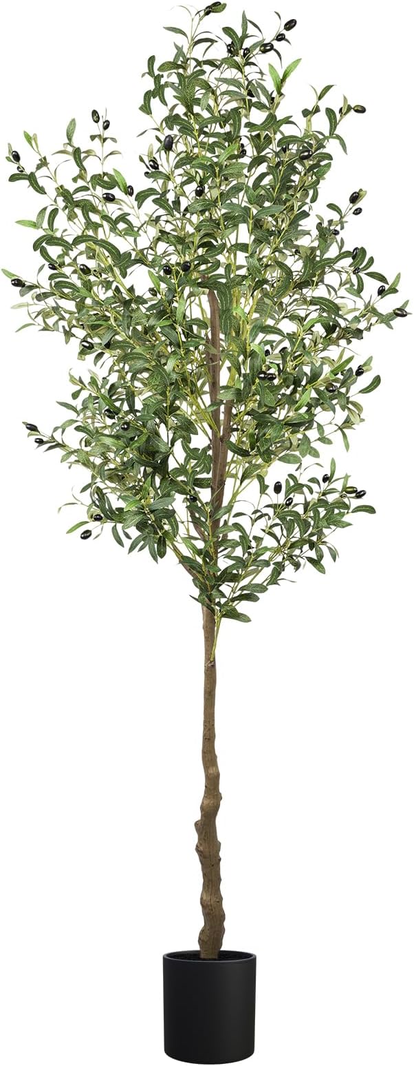 ANTING Artificial Olive Tree, 7FT Faux Olive Tree with Pot, 84in Faux Plants Indoor with Realistic Trunk, 1656 Leaves and 92 Fruits for Home Office Decor Outdoor 1Pack