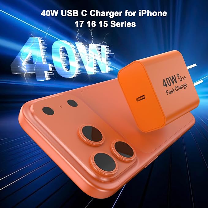 40W USB C Charger Block 2 Pack iPhone 17 16 15 Charger Block Brick Orange | 40 Watt USB C Wall Charger USBC Power Adapter Type C Brick Cube for iPhone 17/17 Pro/17 Pro Max/Air/16 15 14 13 12 11 Gal