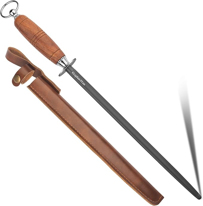 ELephas PLus honing steel knife sharpener ，Wooden Handle knife sharpener rod,12 Inch Knife Sharpening Steel Honing Rod（mahogany）