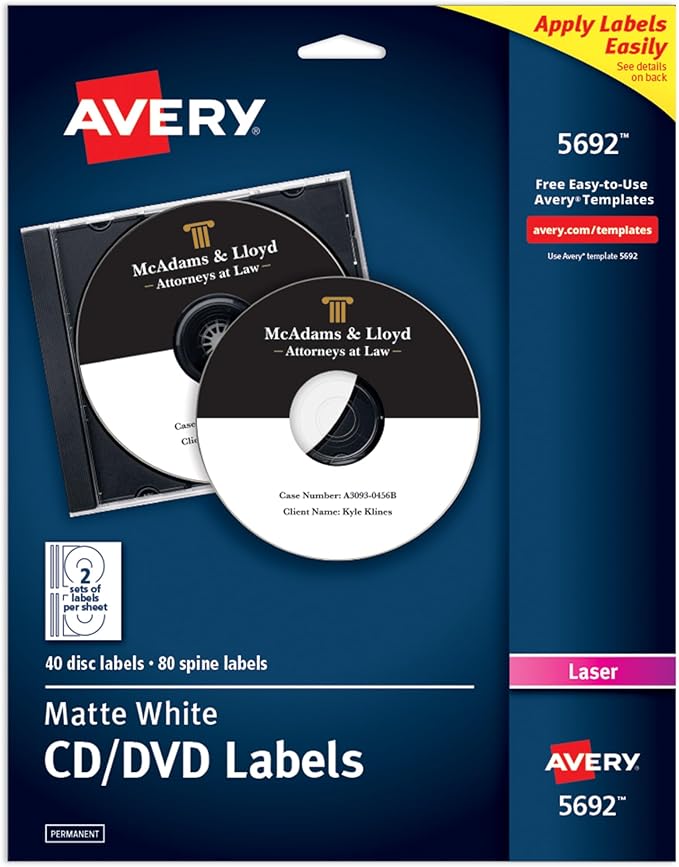 Avery Printable CD Labels, Matte White, Permanent Adhesive, Laser Printable, 40 Blank CD & 80 Blank Spine Stickers, Great for DVD, PC Discs, and More (5692)