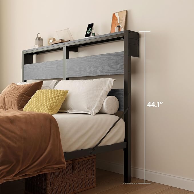 Bestier Full Bed Frame with Headboard Storage and Charging Station, Platform Bed Frame with LED Lights, Non-Slip Metal Bed Frame Full Size, Noise-Free, Easy Assembly, Grey
