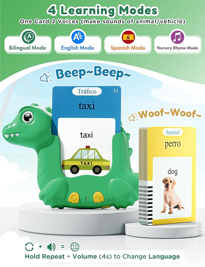 Spanish and English Talking Flash Cards for Toddlers with 510 Sight Words, Dinosaur Shaped Bilingual Buddy Pocket Speech Therapy Autism Toys, Educational Learning Toys Gift for Kid Boys Girls