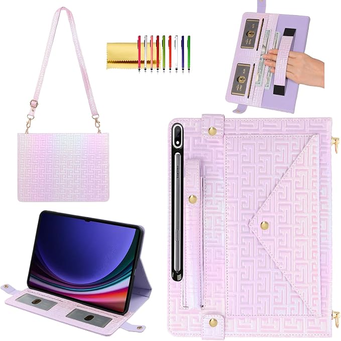 Handbag Case for Samsung Galaxy Tab S10 FE/S9 FE 10.9/S9/S8/S7 11 Techcircle Folio Stand Crossbody Wallet Protective Cover with S Pen Holder &amp Card Slots Hand Strap &amp Shoulder Strap Black
