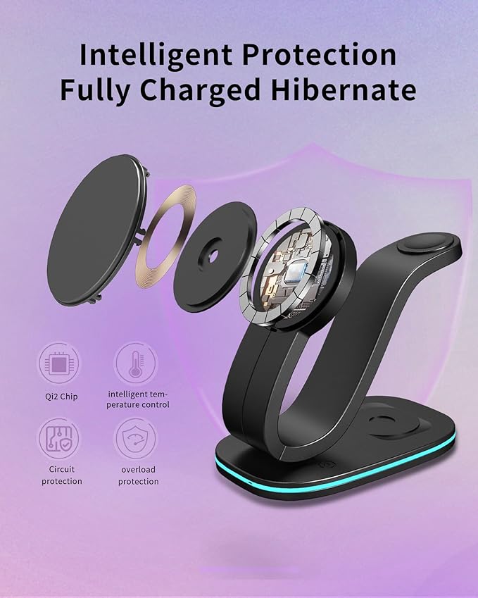 3 in 1 Wireless Charging Station for Qi2 Apple Multiple Devices, 30W USB C Adapter&Light, Fast Magnetic Charger Stand Compatible with iPhone 16 15 14 Pro Max, Apple Watch Series 10 9 & Airpods 4 3 Pro