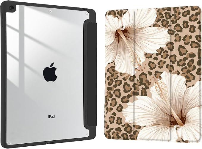 Joyland Brown Leopard Floral for iPad 6th/5th Generation 9.7 Inch 2018/2017Air 2/Air 1 CaseBuilt-in Pencil Holder with Shockproof Cover Transparent Back Shell Auto Wake/SleepBlack