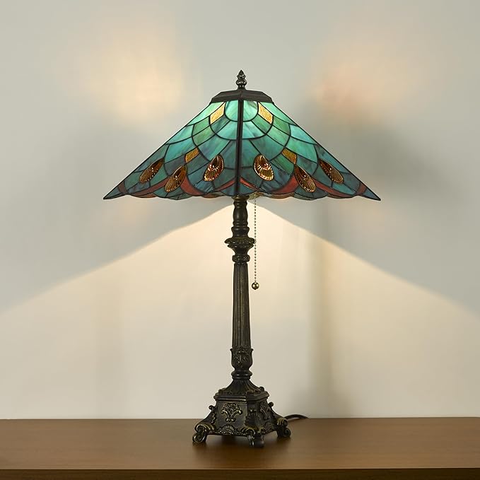 Tiffany Table Lamps Sky Blue Stained Glass Crystal Style Mission Desk Lamp 12X12X24 Inch Bronze Resin Base