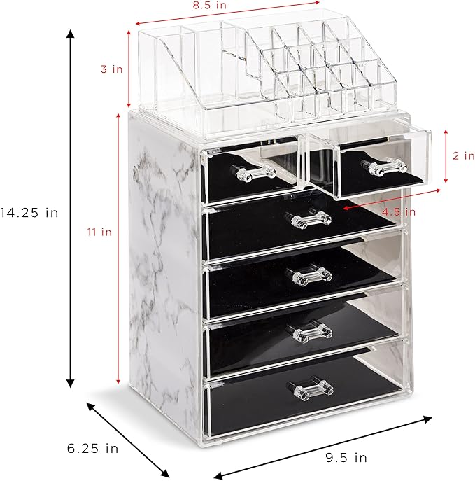 Sorbus Clear Cosmetic Makeup Organizer - Make Up & Jewelry Storage, Case & Display - Spacious Design - Great Holder for Dresser, Bathroom, Vanity & Countertop (4 Large, 2 Small Drawers - Marble Print)