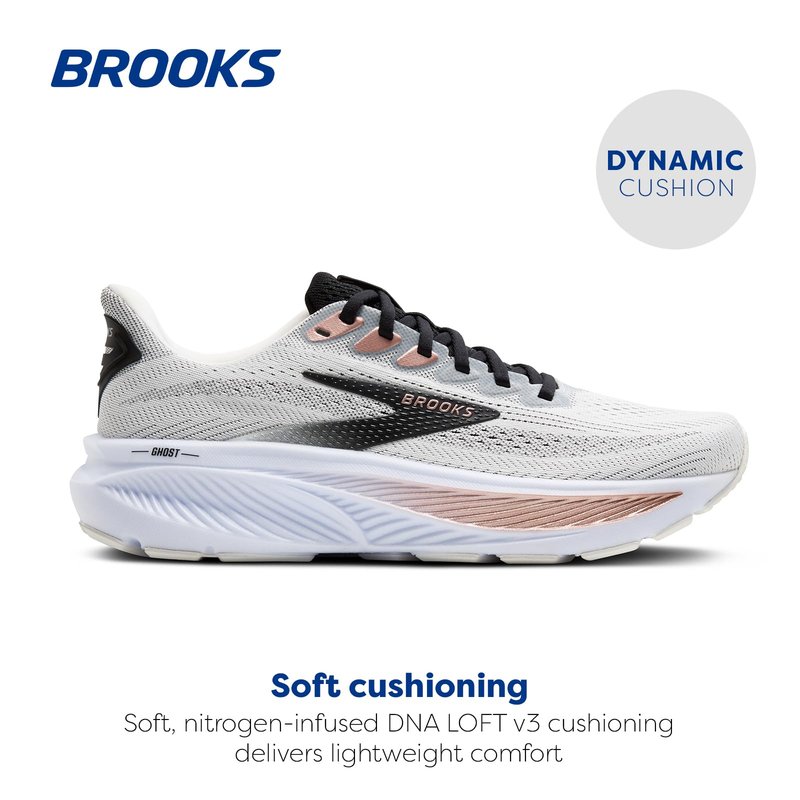 Brooks Women’s Ghost 17 Neutral Running Shoe - White/Black/Rose Gold - 9.5 Wide