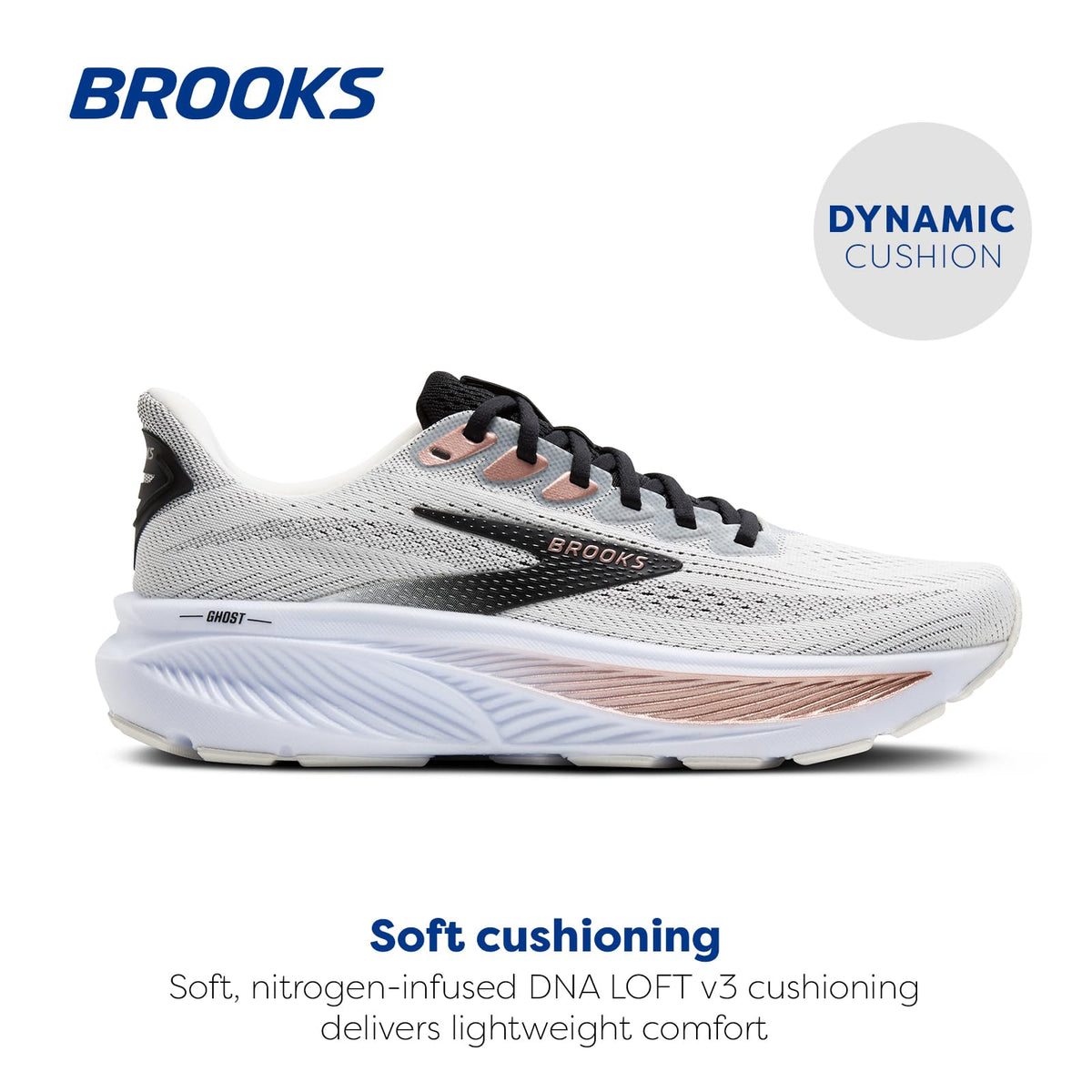 Brooks Women’s Ghost 17 Neutral Running Shoe - White/Black/Rose Gold - 10.5 Wide